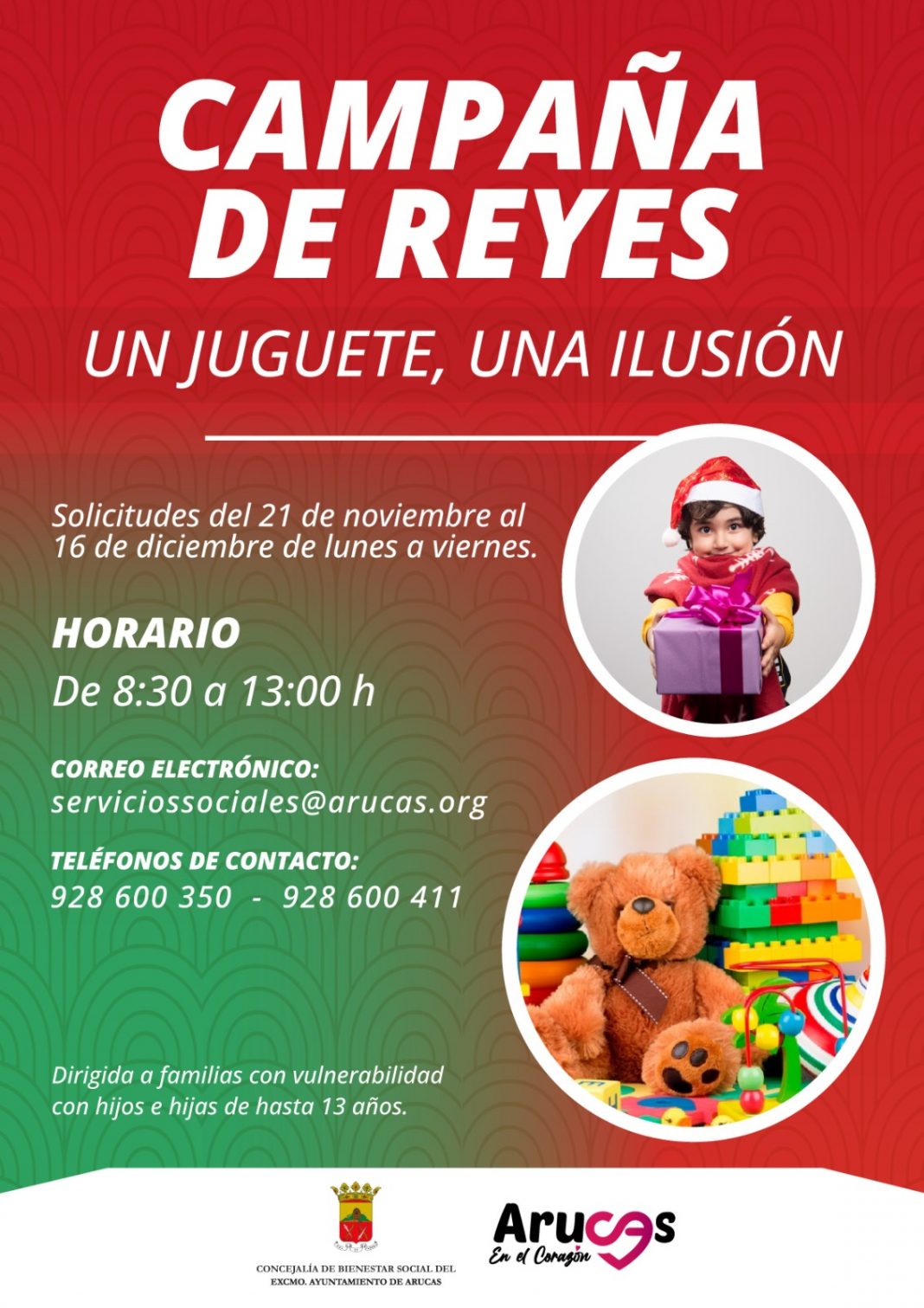 La Concejalía de Servicios Sociales de Arucas organiza una campaña de Navidad, dirigida a familias con necesidades económicas con hijos e hijas menores a cargo